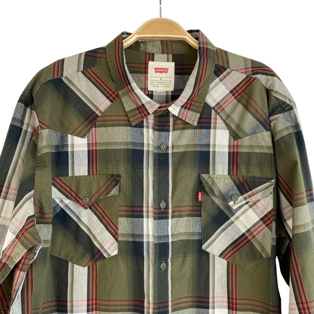 Levi's Men's Sway Plaid Shirt XL Olive Green Western Long Sleeve Flap Pockets